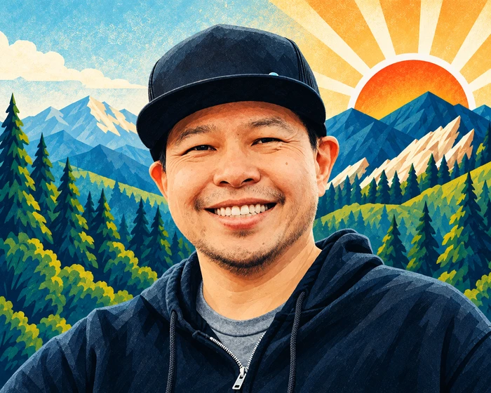 Illustrated portrait of Paul Lin, based on his supplied photograph